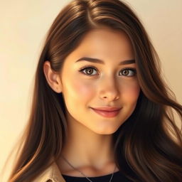 A portrait of a young woman with striking features inspired by Katherine Langford, showcasing her long, dark hair flowing elegantly over her shoulders