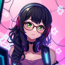 A captivating gamer girl with long, curly black hair and stylish glasses, featuring intriguing olive green eyes that add to her mysterious presence