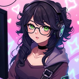 A captivating gamer girl with long, curly black hair and stylish glasses, featuring intriguing olive green eyes that add to her mysterious presence