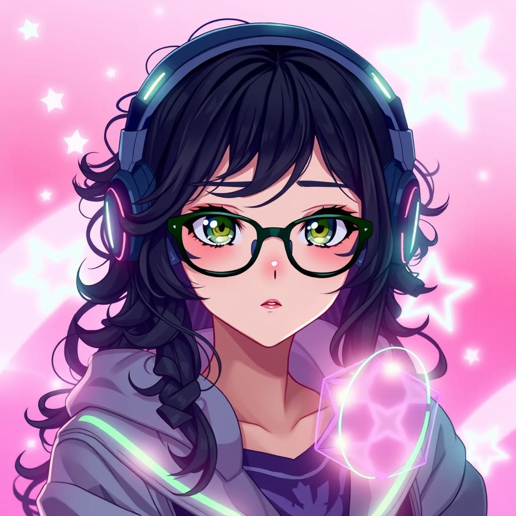 A captivating gamer girl with long, curly black hair and stylish glasses, featuring intriguing olive green eyes that add to her mysterious presence