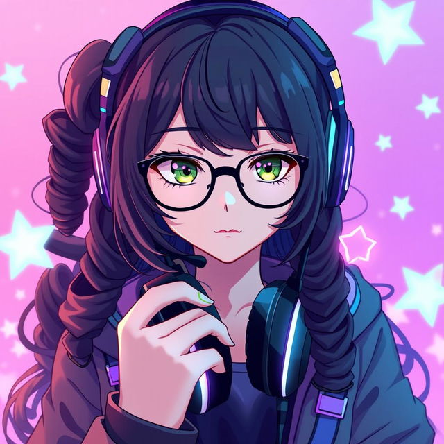 A captivating gamer girl with long, curly black hair and stylish glasses, featuring intriguing olive green eyes that add to her mysterious presence