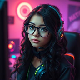 A realistic portrayal of a charismatic gamer girl with long, curly black hair and stylish glasses, highlighting her captivating olive green eyes that exude a mysterious charm