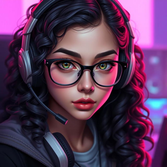 A realistic portrayal of a charismatic gamer girl with long, curly black hair and stylish glasses, highlighting her captivating olive green eyes that exude a mysterious charm