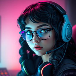 A realistic portrayal of a charismatic gamer girl with long, curly black hair and stylish glasses, highlighting her captivating olive green eyes that exude a mysterious charm