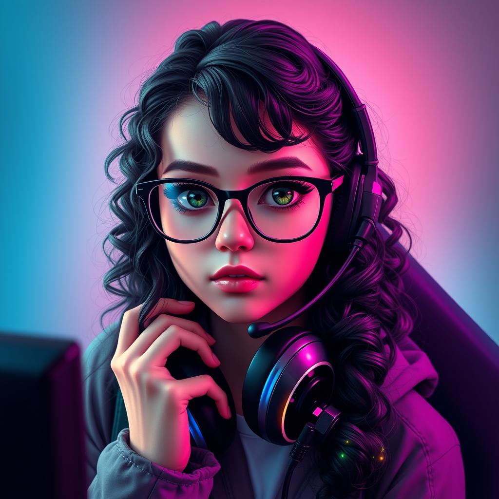 A realistic portrayal of a charismatic gamer girl with long, curly black hair and stylish glasses, highlighting her captivating olive green eyes that exude a mysterious charm