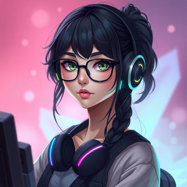 A realistic portrayal of a gamer girl with wavy, long black hair and stylish glasses, featuring captivating olive green eyes that contribute to her mysterious appeal