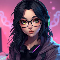 A realistic portrayal of a gamer girl with wavy, long black hair and stylish glasses, featuring captivating olive green eyes that contribute to her mysterious appeal