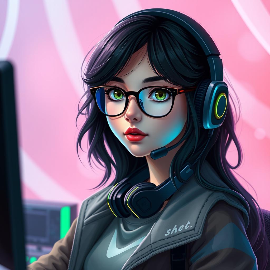 A realistic portrayal of a gamer girl with wavy, long black hair and stylish glasses, featuring captivating olive green eyes that contribute to her mysterious appeal