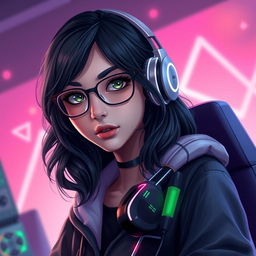 A realistic portrayal of a gamer girl with wavy, long black hair and stylish glasses, featuring captivating olive green eyes that contribute to her mysterious appeal