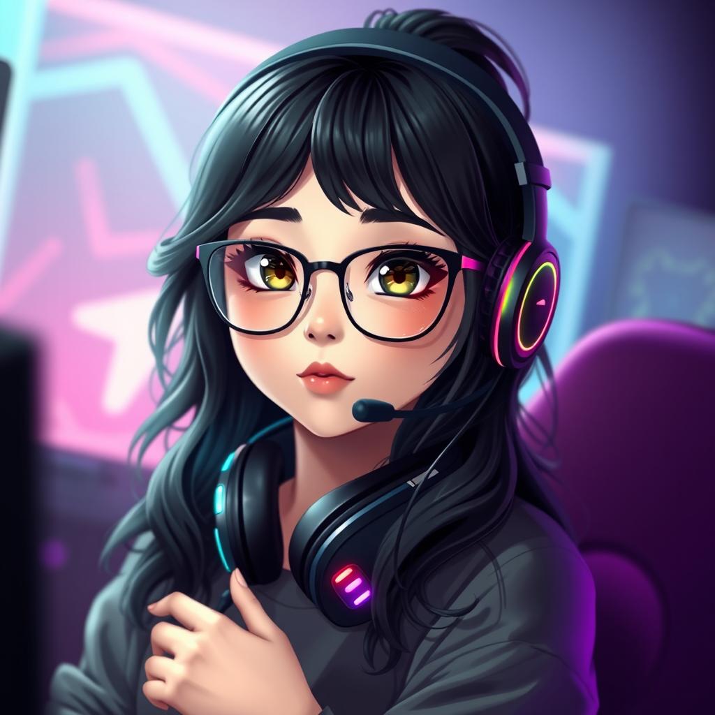 A realistic portrayal of a charming gamer girl with wavy, long black hair and stylish glasses, accentuating her intriguing olive green eyes that radiate mystery