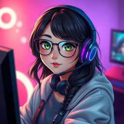 A realistic portrayal of a charming gamer girl with wavy, long black hair and stylish glasses, accentuating her intriguing olive green eyes that radiate mystery