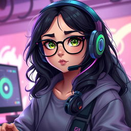 A realistic portrayal of a charming gamer girl with wavy, long black hair and stylish glasses, accentuating her intriguing olive green eyes that radiate mystery