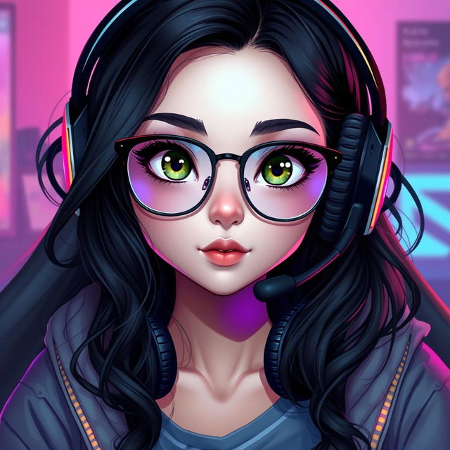 A realistic portrayal of a charming gamer girl with wavy, long black hair and stylish glasses, accentuating her intriguing olive green eyes that radiate mystery