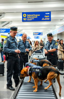 A bustling airport scene with several National Drug Law Enforcement Agency officers in uniforms, actively engaging with trained dogs