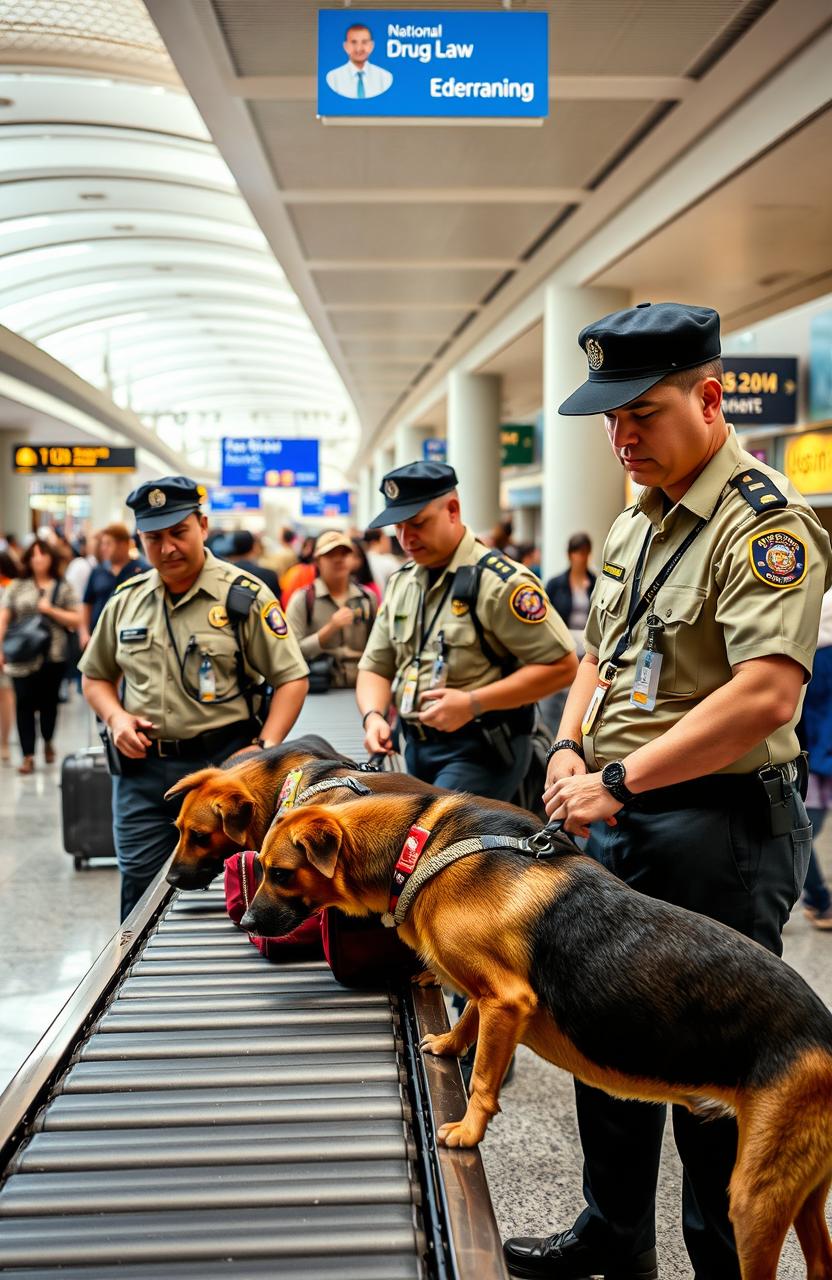 A bustling airport scene with several National Drug Law Enforcement Agency officers in uniforms, actively engaging with trained dogs