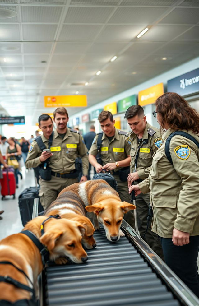 A bustling airport scene with several National Drug Law Enforcement Agency officers in uniforms, actively engaging with trained dogs