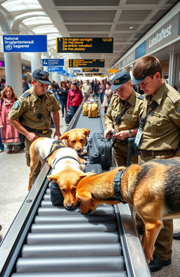 A bustling airport scene with several National Drug Law Enforcement Agency officers in uniforms, actively engaging with trained dogs