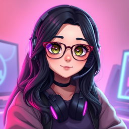 A realistic depiction of a charming gamer girl with wavy, long black hair and fashionable glasses, showcasing her captivating olive green eyes that convey a sense of mystery