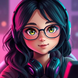 A realistic depiction of a charming gamer girl with wavy, long black hair and fashionable glasses, showcasing her captivating olive green eyes that convey a sense of mystery