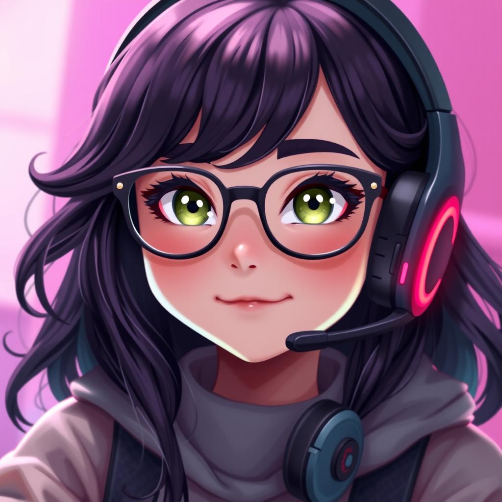 A realistic depiction of a charming gamer girl with wavy, long black hair and fashionable glasses, showcasing her captivating olive green eyes that convey a sense of mystery