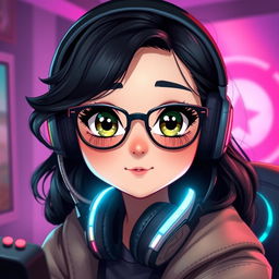 A realistic depiction of a charming gamer girl with wavy, long black hair and fashionable glasses, showcasing her captivating olive green eyes that convey a sense of mystery