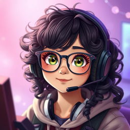 A realistic depiction of a charming gamer girl with curly, long black hair and trendy glasses, showcasing her captivating olive green eyes that exude a sense of mystery