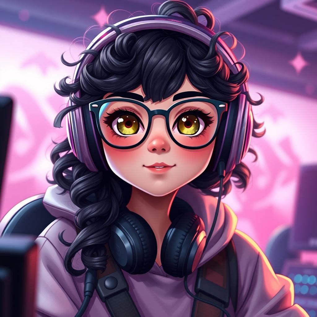 A realistic depiction of a charming gamer girl with curly, long black hair and trendy glasses, showcasing her captivating olive green eyes that exude a sense of mystery