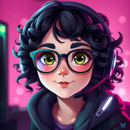 A realistic depiction of a charming gamer girl with curly, long black hair and trendy glasses, showcasing her captivating olive green eyes that exude a sense of mystery