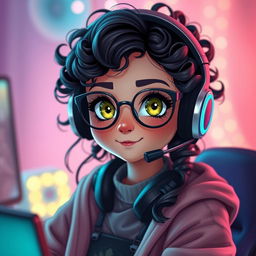 A realistic depiction of a charming gamer girl with curly, long black hair and trendy glasses, showcasing her captivating olive green eyes that exude a sense of mystery