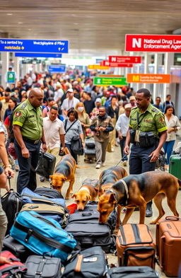 A bustling Nigerian airport scene featuring trained sniffer dogs working alongside black National Drug Law Enforcement Agency (NDLEA) officers