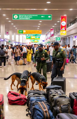 A bustling Nigerian airport scene featuring trained sniffer dogs working alongside black National Drug Law Enforcement Agency (NDLEA) officers