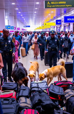 A bustling Nigerian airport scene featuring trained sniffer dogs working alongside black National Drug Law Enforcement Agency (NDLEA) officers