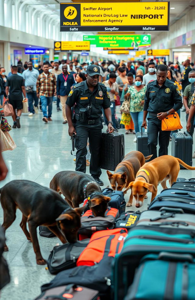 A bustling Nigerian airport scene featuring trained sniffer dogs working alongside black National Drug Law Enforcement Agency (NDLEA) officers