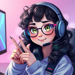 A realistic depiction of a charming gamer girl with curly, long black hair and trendy glasses, showcasing her captivating olive green eyes that exude a sense of mystery