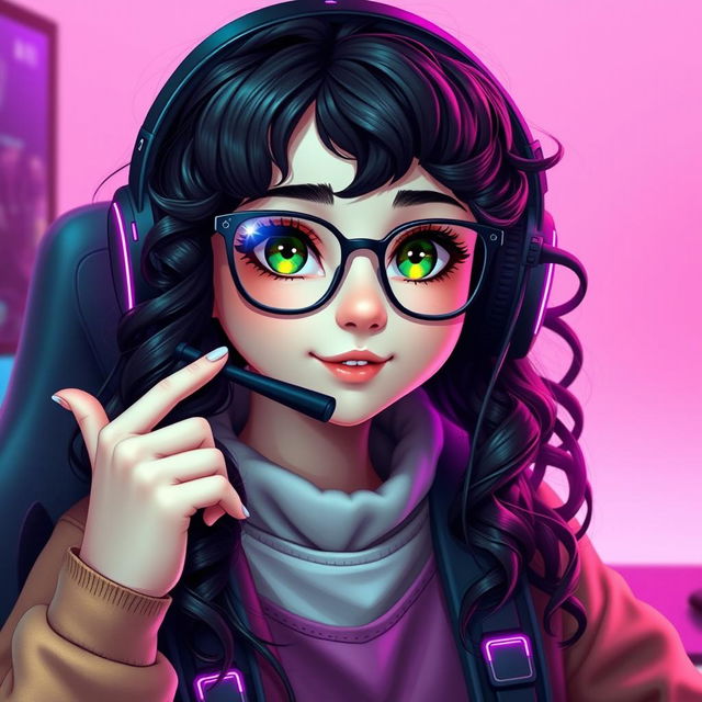 A realistic depiction of a charming gamer girl with curly, long black hair and trendy glasses, showcasing her captivating olive green eyes that exude a sense of mystery