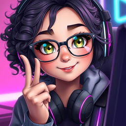 A realistic depiction of a charming gamer girl with curly, long black hair and trendy glasses, showcasing her captivating olive green eyes that exude a sense of mystery