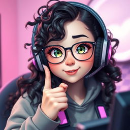 A realistic depiction of a charming gamer girl with curly, long black hair and trendy glasses, showcasing her captivating olive green eyes that exude a sense of mystery