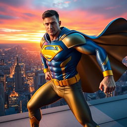 A heroic superhero in a dynamic pose, wearing a modern, sleek costume featuring a bright blue and gold color scheme