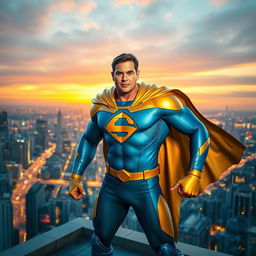 A heroic superhero in a dynamic pose, wearing a modern, sleek costume featuring a bright blue and gold color scheme