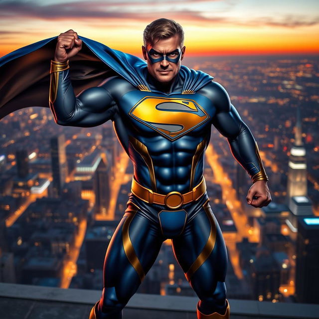 A heroic superhero in a dynamic pose, wearing a modern, sleek costume featuring a bright blue and gold color scheme