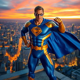 A heroic superhero in a dynamic pose, wearing a modern, sleek costume featuring a bright blue and gold color scheme