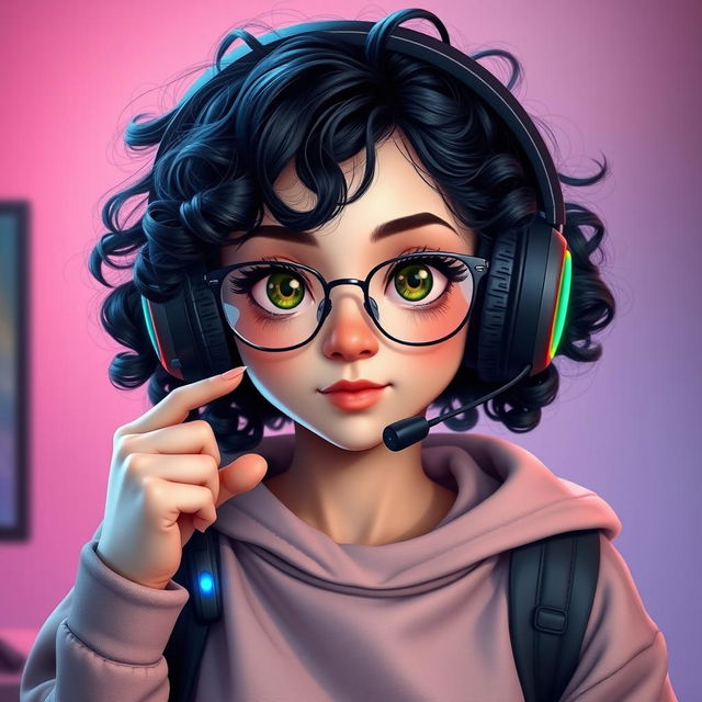 A realistic portrayal of a charming gamer girl with curly, long black hair and thin metal eyeglasses, emphasizing her striking olive green eyes that radiate a sense of mystery