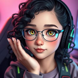 A realistic portrayal of a charming gamer girl with curly, long black hair and thin metal eyeglasses, emphasizing her striking olive green eyes that radiate a sense of mystery