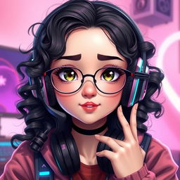 A realistic portrayal of a charming gamer girl with curly, long black hair and thin metal eyeglasses, emphasizing her striking olive green eyes that radiate a sense of mystery
