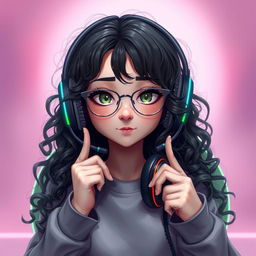 A realistic portrayal of a charming gamer girl with curly, long black hair and thin metal eyeglasses, emphasizing her striking olive green eyes that radiate a sense of mystery
