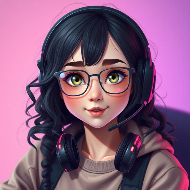 A realistic portrayal of a charming gamer girl with curly, long black hair and thin square metal eyeglasses, showcasing her striking olive green eyes that radiate a sense of mystery