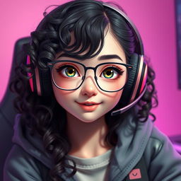 A realistic portrayal of a charming gamer girl with curly, long black hair and thin square metal eyeglasses, showcasing her striking olive green eyes that radiate a sense of mystery
