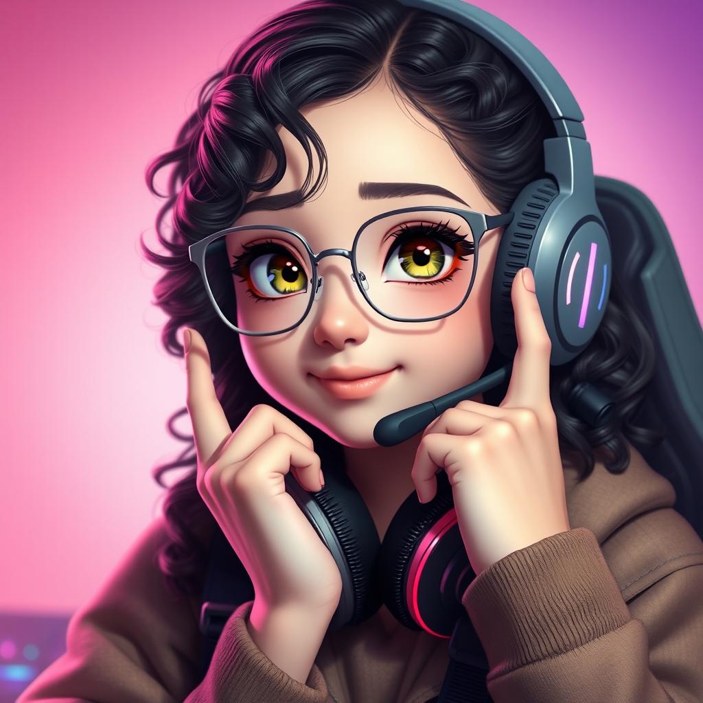 A realistic portrayal of a charming gamer girl with curly, long black hair and thin square metal eyeglasses, showcasing her striking olive green eyes that radiate a sense of mystery