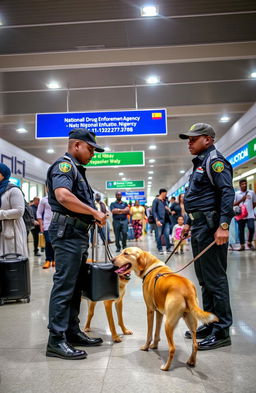 A bustling Nigerian airport scene showcasing the National Drug Law Enforcement Agency officers, dressed in black uniforms, actively engaged in their duty of sniffing bags with specially trained dogs