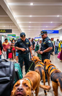 A bustling Nigerian airport scene showcasing the National Drug Law Enforcement Agency officers, dressed in black uniforms, actively engaged in their duty of sniffing bags with specially trained dogs